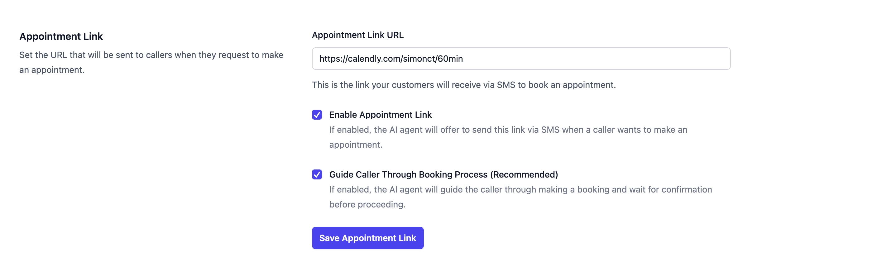 Appointment Link configuration interface