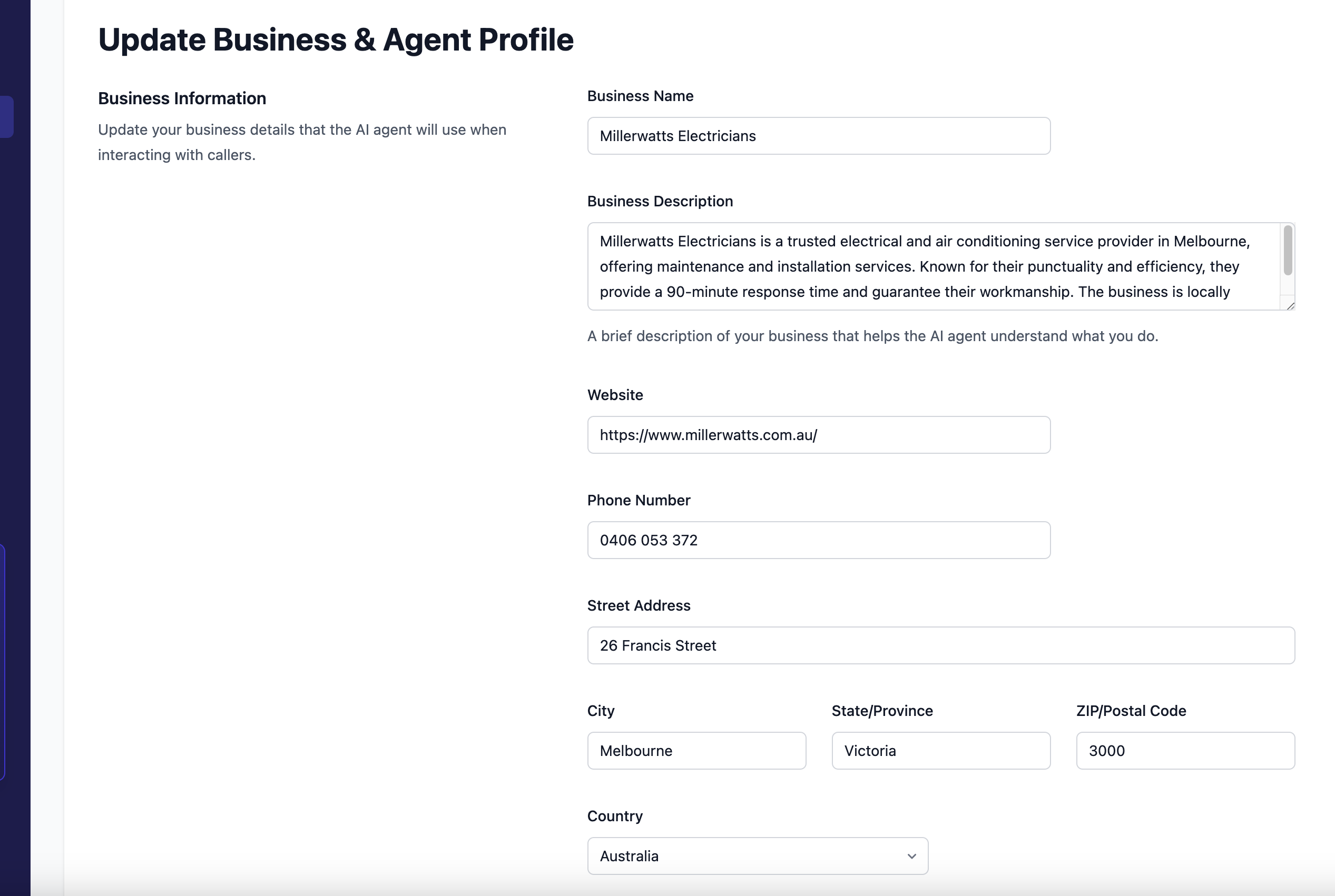 Business details configuration
