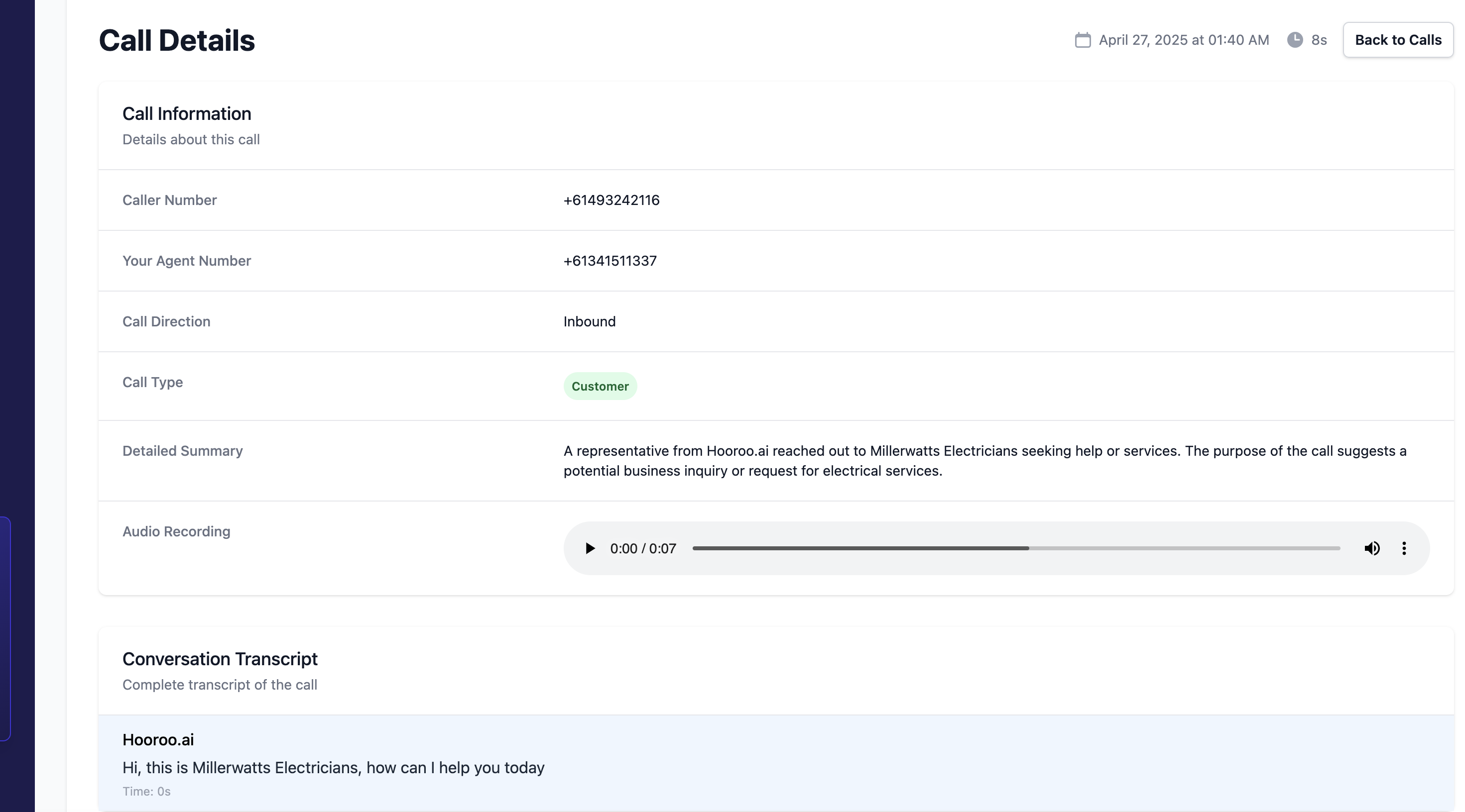 Call summary interface